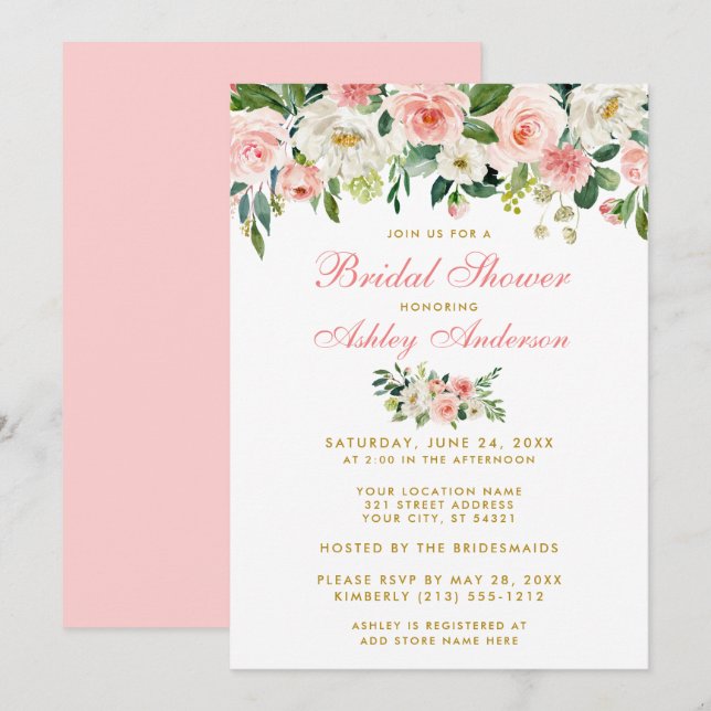 Fête des mariées Rose Blanc Or Floral Invitation G (Devant / Derrière)