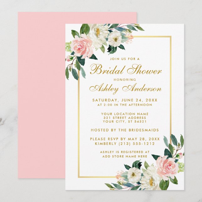 Fête des mariées Rose Blanc Or Floral Invitation P (Devant / Derrière)