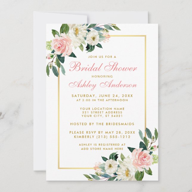 Fête des mariées Rose Blanc Or Floral Invitation P (Devant)