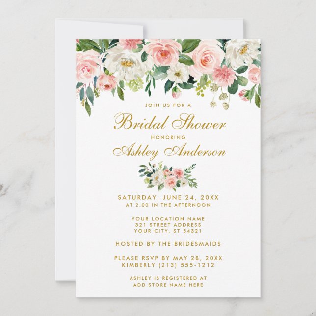 Fête des mariées rose blanc or Invitation Floral (Devant)