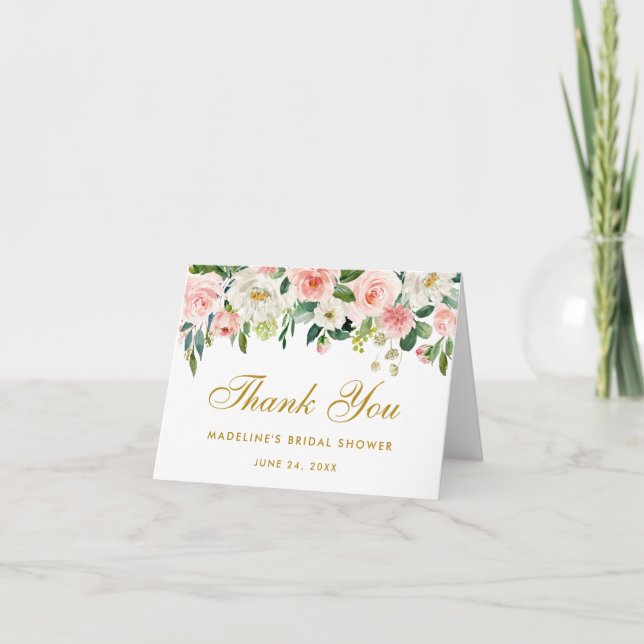 Fête des mariées Rose Blush Floral Gold Merci note (Devant)