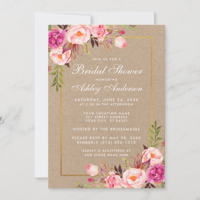 Fête des mariées Rose Floral Or Kraft Invitation (Devant)