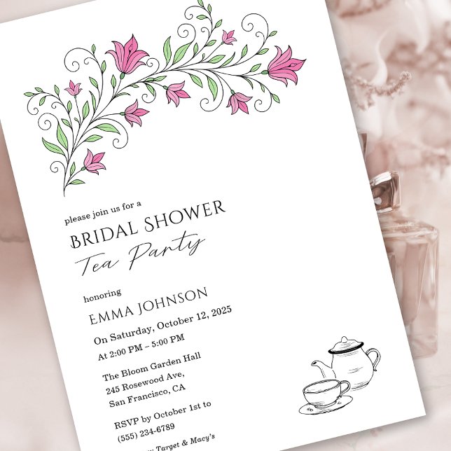 Fête des mariées rose Floral Tea Party Invitation (Pink Floral Bridal Shower Tea Party Invitation)