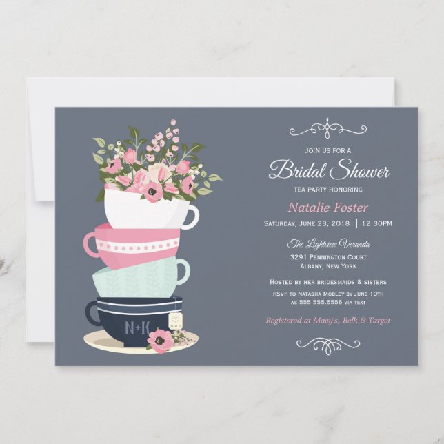 Fête des mariées Tea Party Invitation | Bleu et ro (Devant)