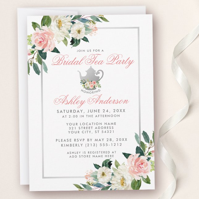 Fête des mariées Tea Party rose Floral Invitation  (Customize to change text color or text style.)