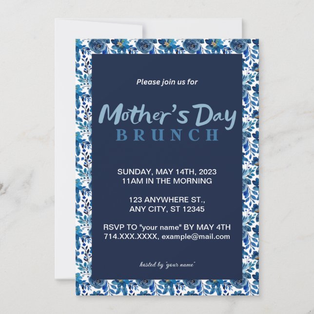 Fête des Mères Florales Bleues Brunch Invitation (Devant)