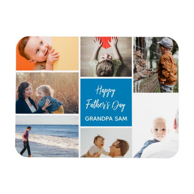 Fête des pères Photo Collage Magnet Bleu (Horizontal)
