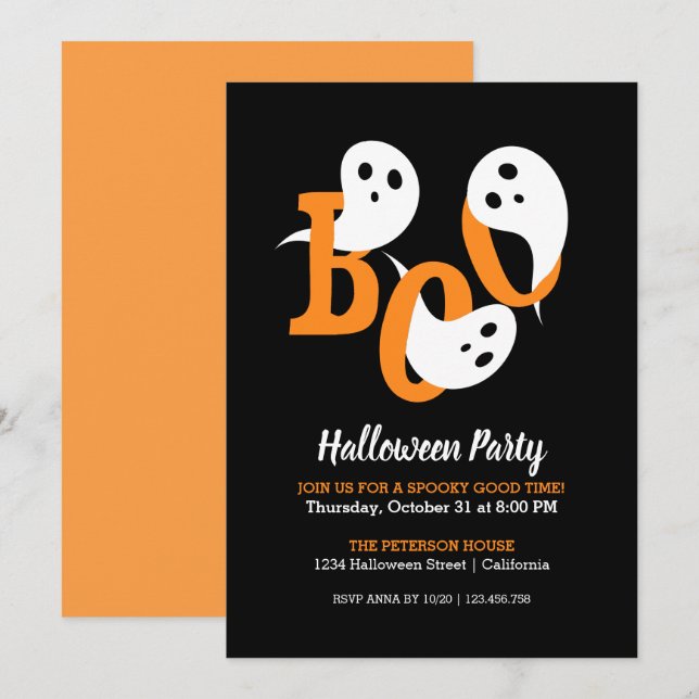 Fête d'Halloween branché Fantômes Black Invitation (Devant / Derrière)