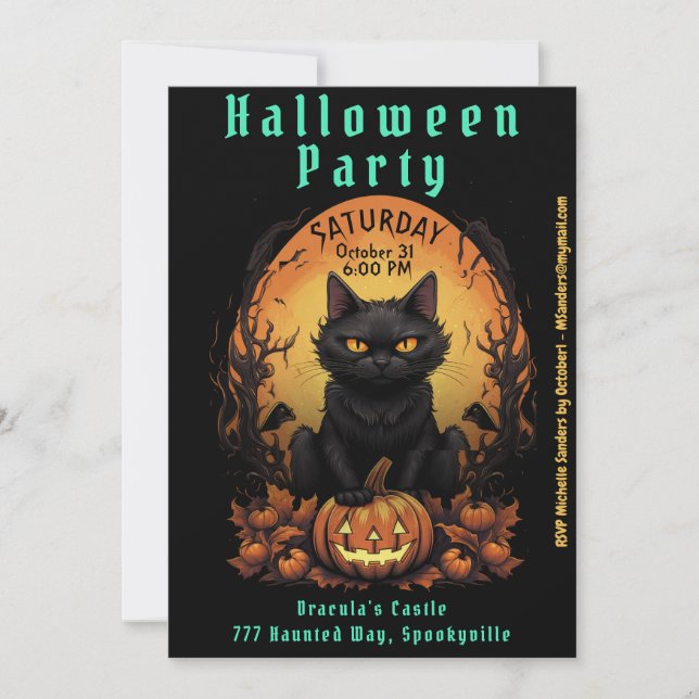 Fête d'Halloween | Chat noir et invitation Citroui (Devant)