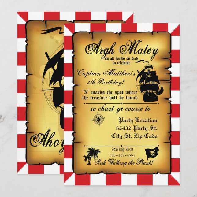 Fête du Pirate vintage, Invitation d'anniversaire. (Devant / Derrière)