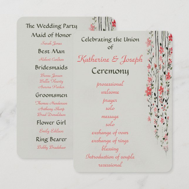 Fête du programme de mariage d'aquarelle florale o (Devant / Derrière)