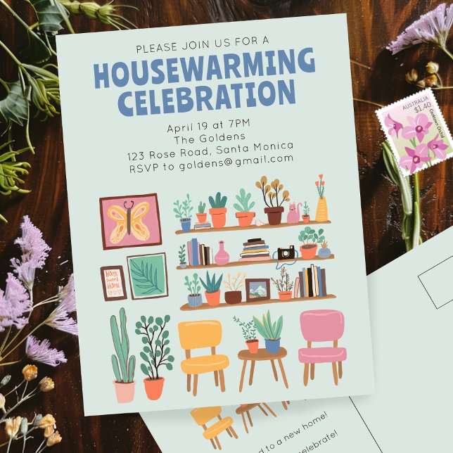 Fête Invitation Cute Living Room Postcar (Housewarming Party Invite Cute Living Room Shelves Houseplants Postcard Invitation
)