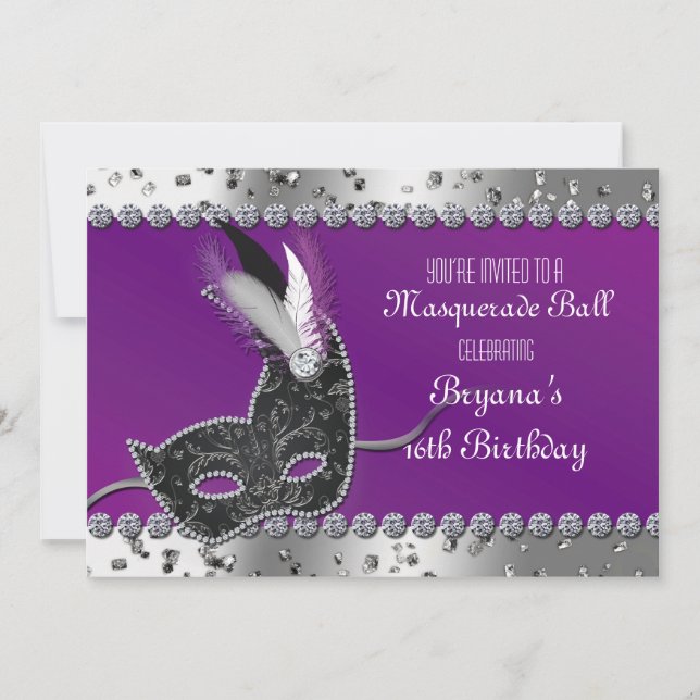 Fête Masquerade Argent violet Invitation Anniversa (Devant)
