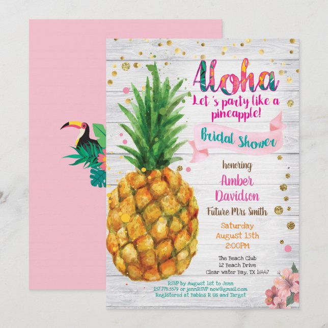 Fête tropicale invitation à la douche d'ananas (Devant / Derrière)