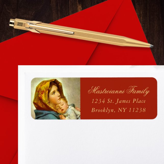 Fêtes de Noël de Madonna et de l'enfant religieuse (Madonna & Child religious Christmas card return address label in red and gold for Christians.)