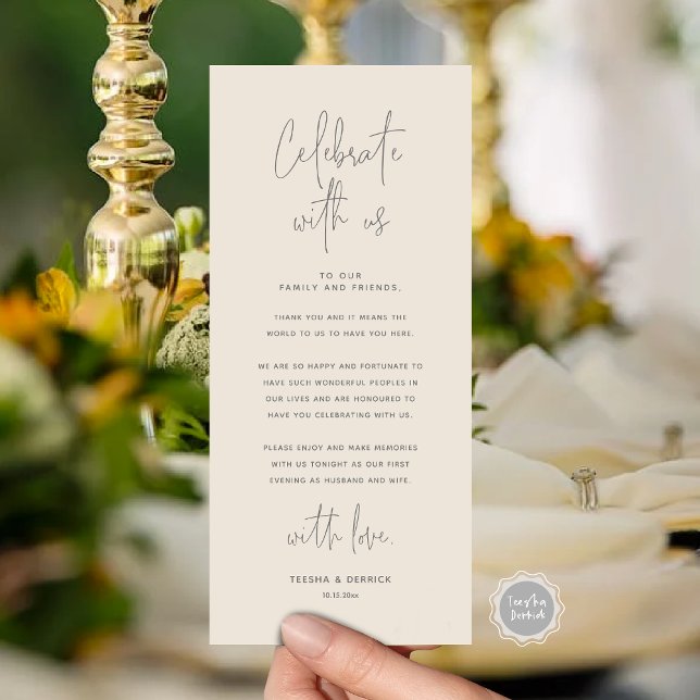 Fêtez Avec Nous, Place Setting Carte de remercieme (Celebrate With Us, Place Setting Thank you Card, in  Modern Handwriting Script Cream and Grey Themed)