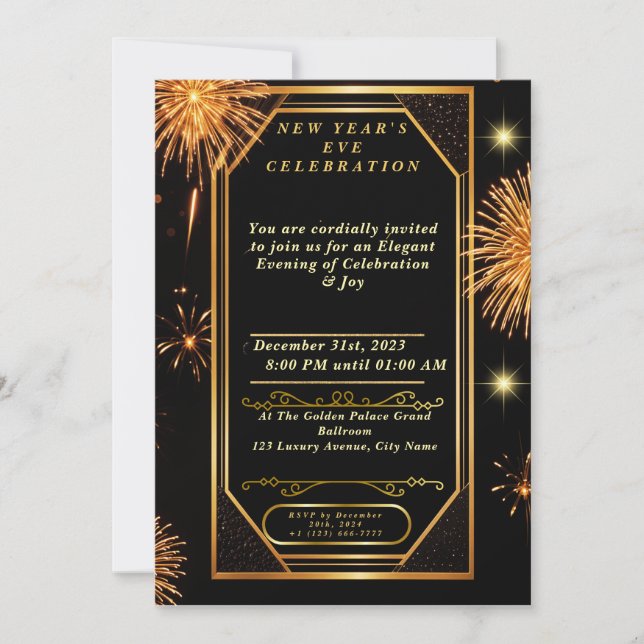Feu d'artifice Art déco Invitation réveillon du No (Devant)