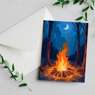 Feu de camp Lune Carte de peinture aquarelle de