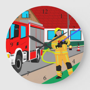 Feuerwehrmann im Feuerwehreinsatz beim löschen Gro Large Clock