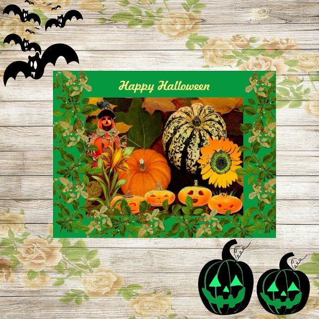 Feuillage de automne vert Scarecrow Citrouille Hal (Green Fall Foliage Pumpkin Halloween Card)