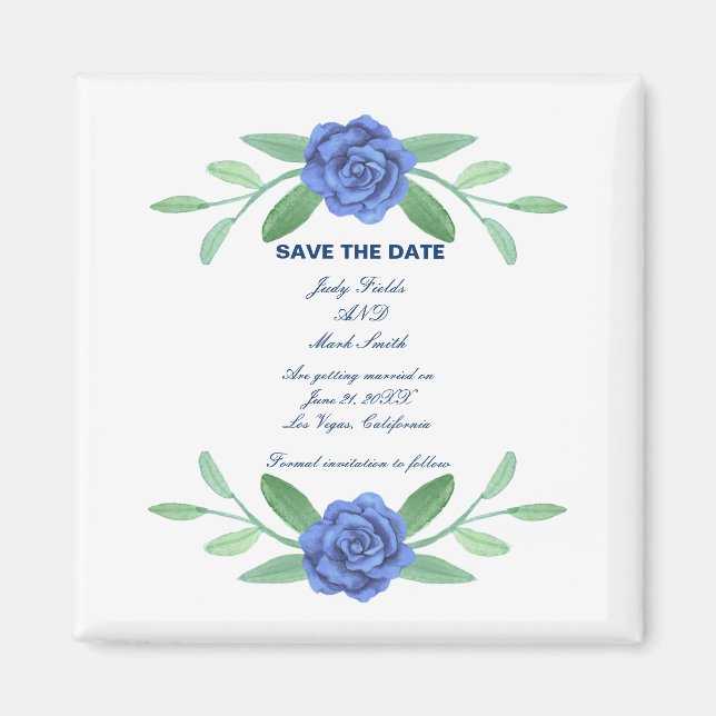 Feuillage Floral Bleu Économisez La Date Magnet (Devant)