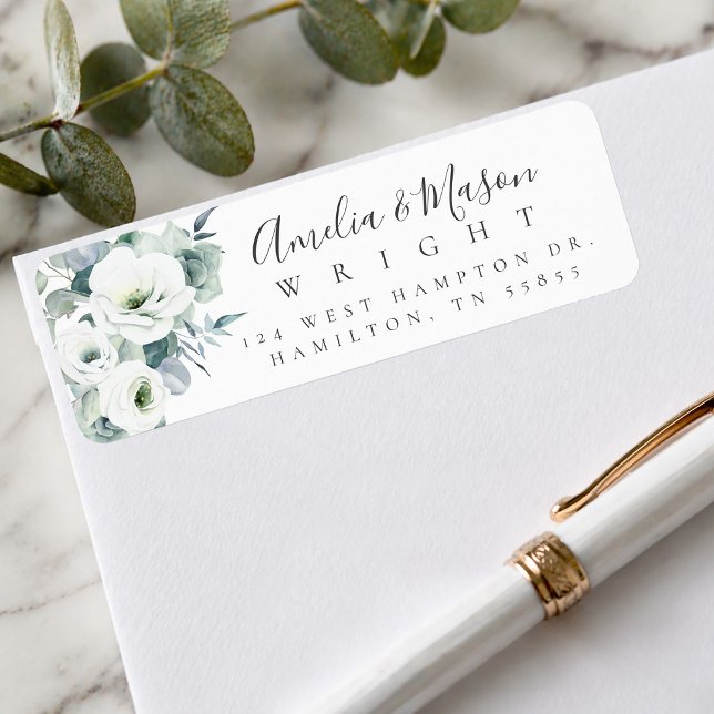 Feuillage Rose Blanche Écriture Élégante Adresse d (Greenery White Rose Elegant Script Return Address Label)
