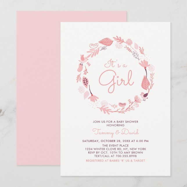 Feuillage rose | Invitation Baby shower fille mign (Devant / Derrière)
