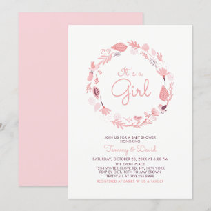 Feuillage rose   Invitation Baby shower fille mign