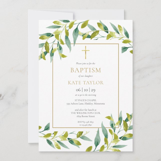 Feuillage vert Baptême Christening Invitation (Devant)