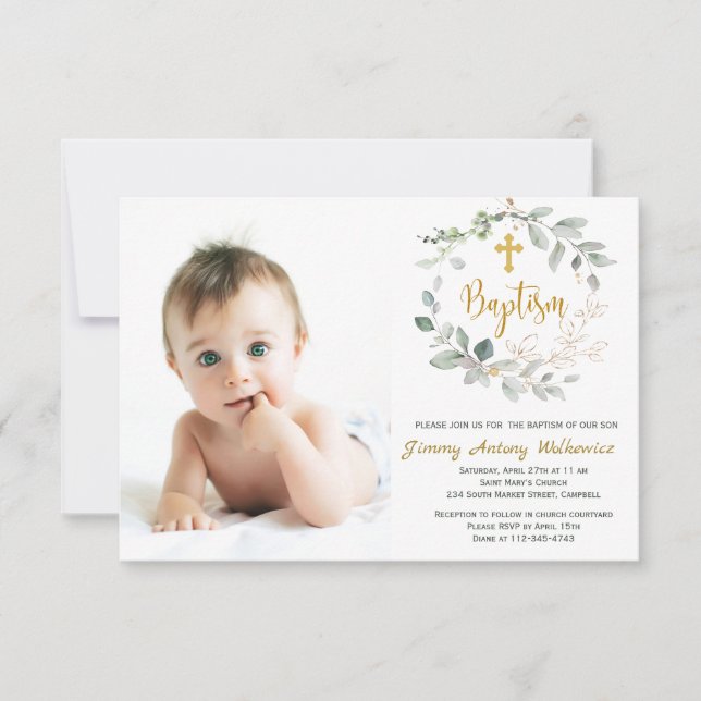 Feuillage vert Baptême Photo Invitation Card (Devant)