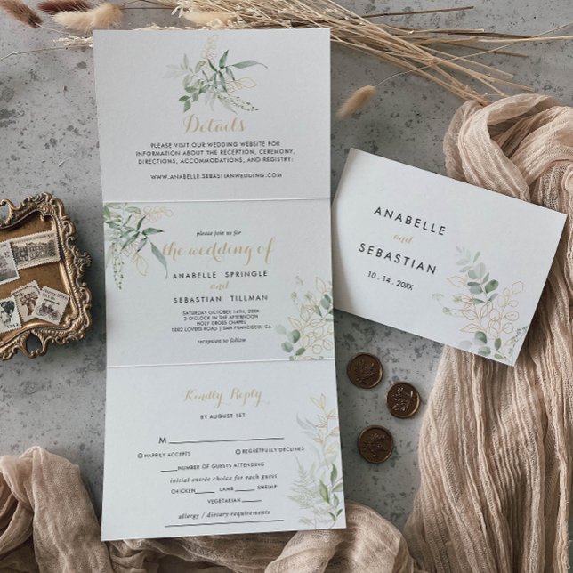 Feuillage vert or triple Faire-part de mariage (Créateur téléchargé)