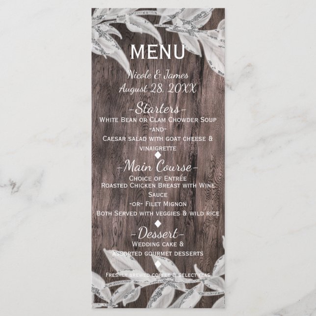 Feuille blanc & argent & Rustic Wood Elegant Menu (Devant)