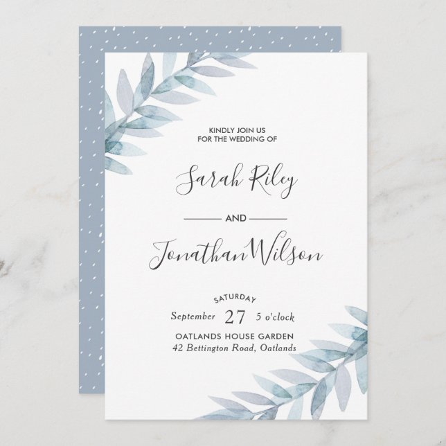 Feuille Bleu Invitation de mariage d'hiver (Devant / Derrière)