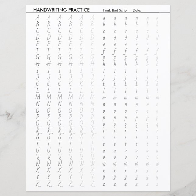 Feuille d'alphabet d'écriture de script incorrect (Devant)