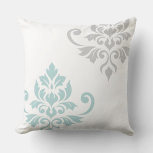 Feuille Damask Art I Duck Egg Blue & Grey on White Throw Pillow