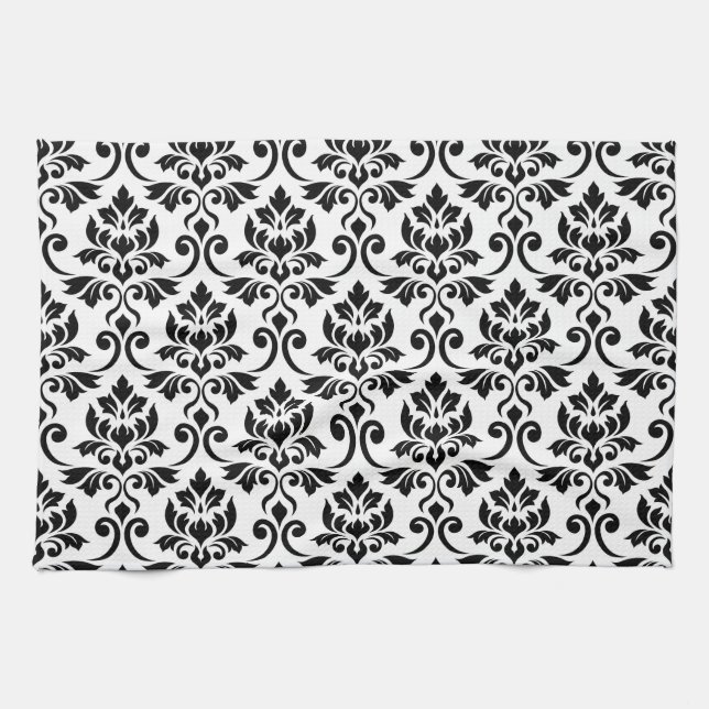 Feuille Damask Big Pattern Black on White Kitchen Towel (Horizontal)