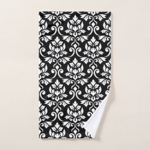 Feuille Damask Big Pattern White on Black Hand Towel
