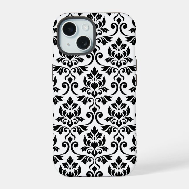 Feuille Damask Lg Pattern Black on White iPhone 15 Case (Back)