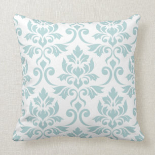 Feuille Damask Lg Pattern Duck Egg Blue on White Throw Pillow