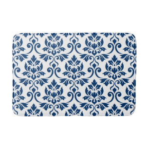 Feuille Damask Pattern Dark Blue on White Bath Mat