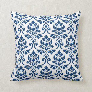 Feuille Damask Pattern Dark Blue on White Throw Pillow