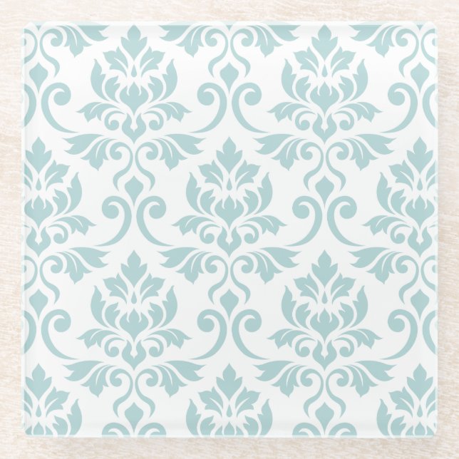Feuille Damask Pattern Duck Egg Blue on White Glass Coaster (Front)