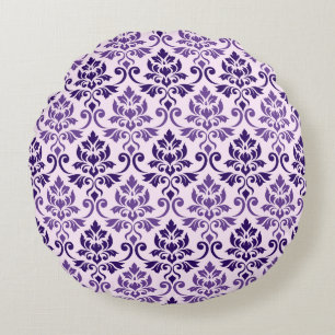 Feuille Damask Pattern Purples on Pink Round Pillow