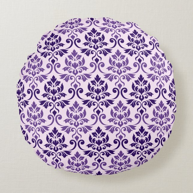 Feuille Damask Pattern Purples on Pink Round Pillow (Front)