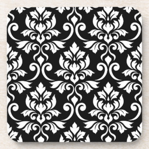 Feuille Damask Pattern White on Black Coaster