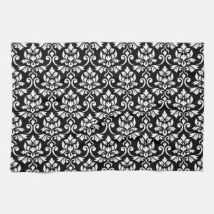 Feuille Damask Pattern White on Black Kitchen Towel