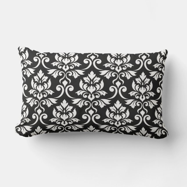 Feuille Damask Pattern White on Black Outdoor Pillow (Front)