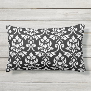 Feuille Damask Pattern White on Black Outdoor Pillow