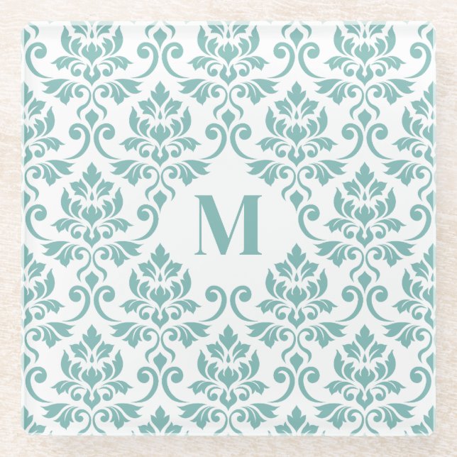 Feuille Damask Teal Pattern (Custom) Glass Coaster (Front)