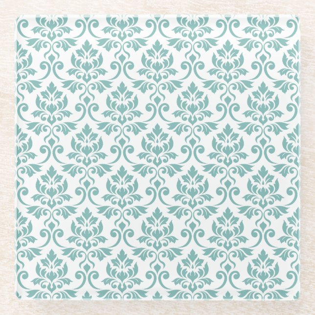 Feuille Damask Teal Pattern Glass Coaster (Front)